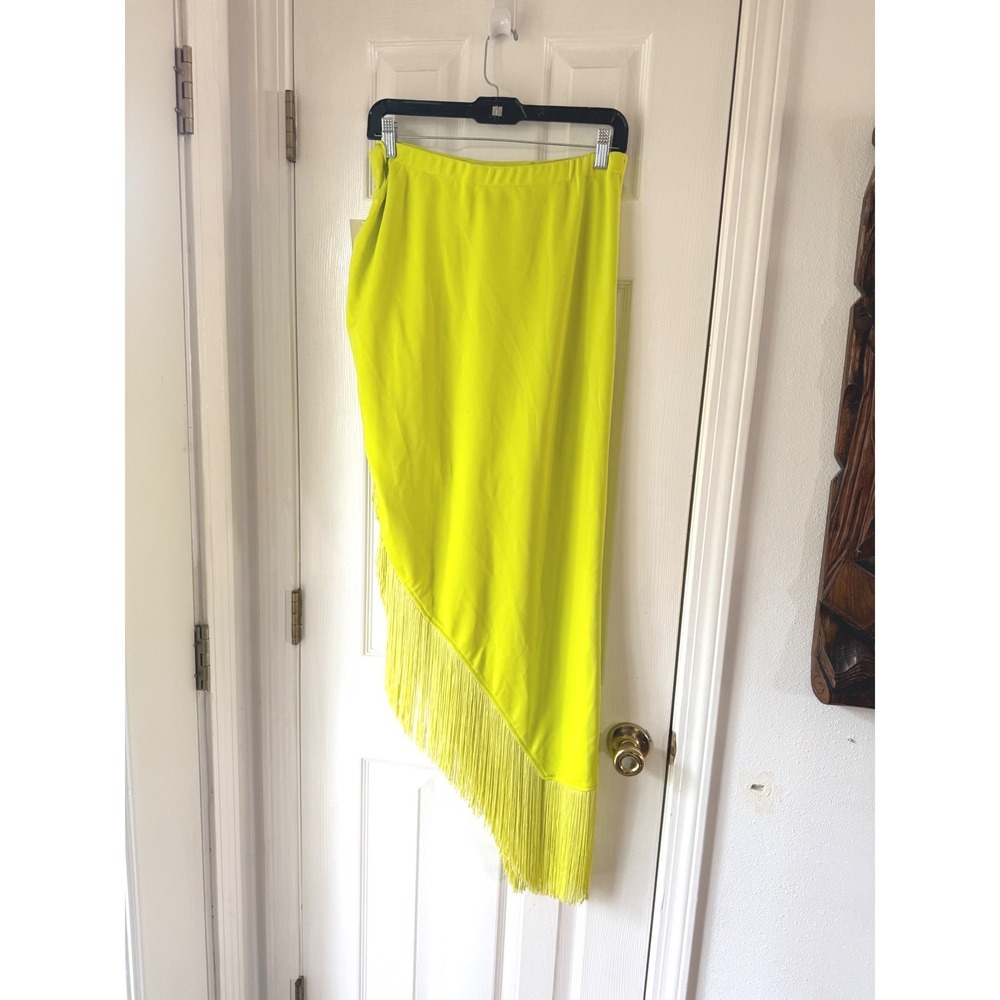 FORE Fringed Midi Skirt Lime Green Asymmetrical Draped Size Large - Picture 5 of 7